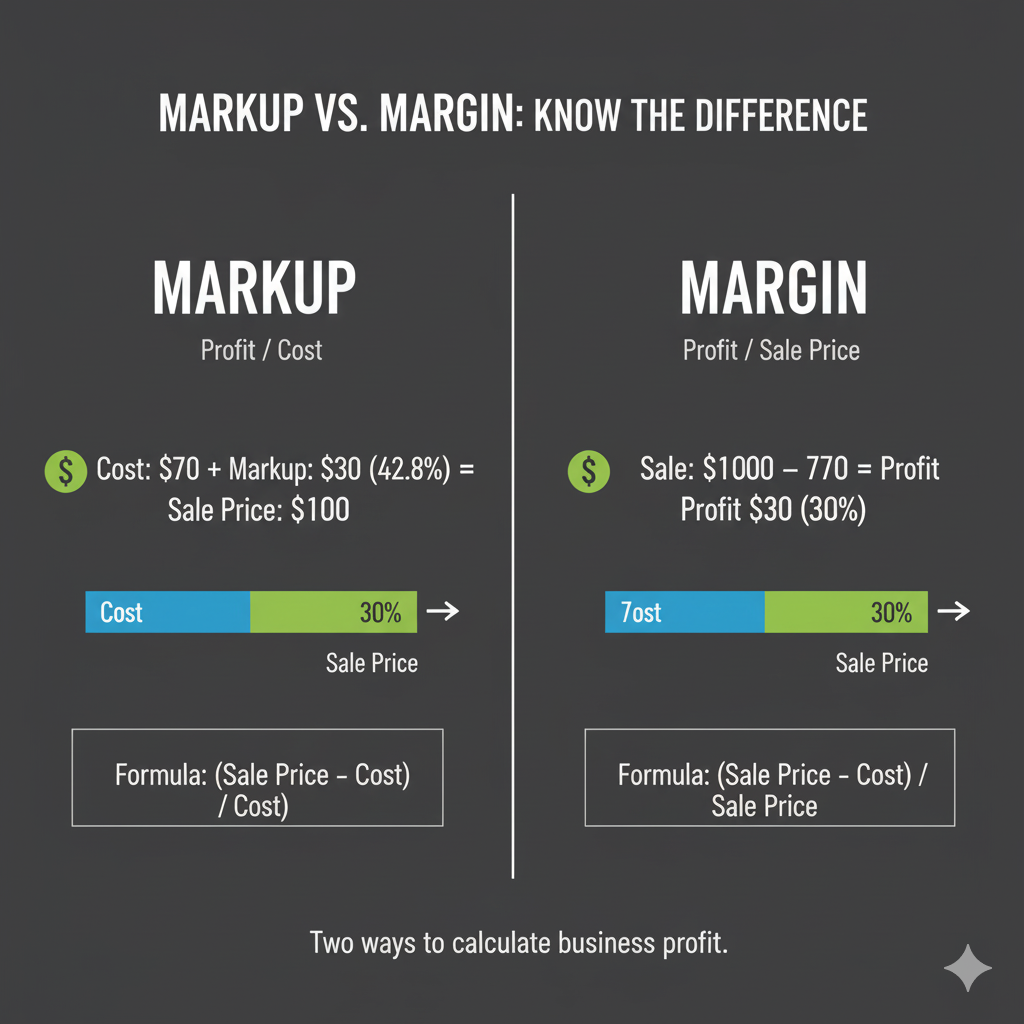Visual comparison of markup vs margin with example calculations